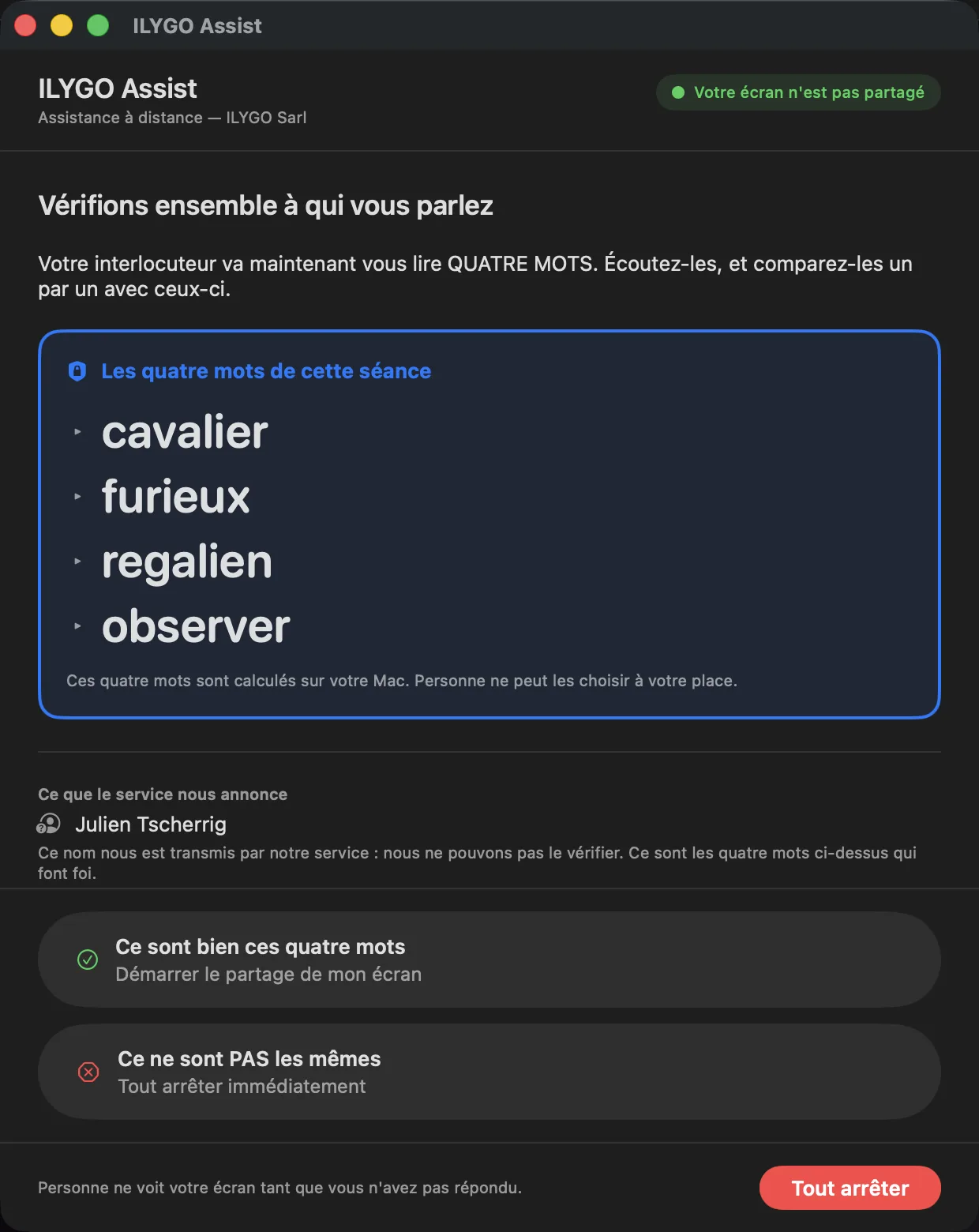 La porte de consentement sur le Mac du client : « Votre accord est demandé », le nom du technicien, et deux boutons — accepter le partage, ou tout arrêter.